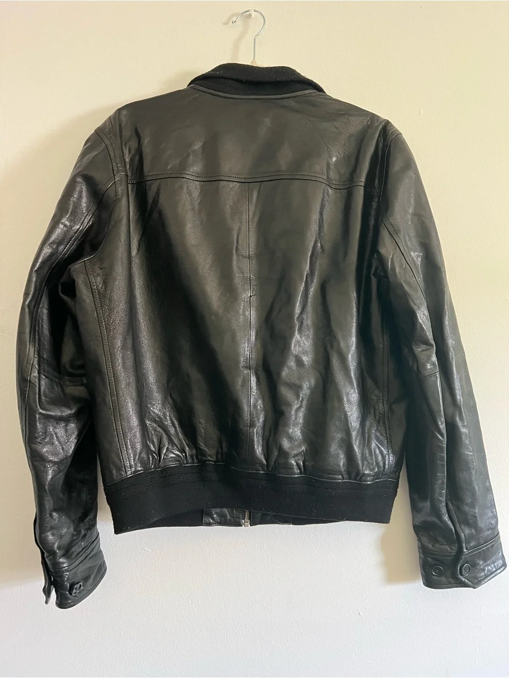 Banana Republic Black Leather Bomber Jacket with Ribbed Trim
